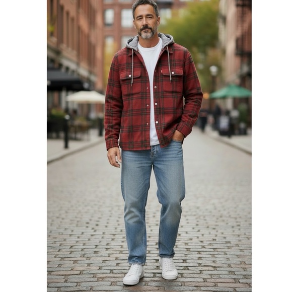 Levi's Francico Sherpa Flannel hooded shirt jacket red NEW large - Picture 2 of 15